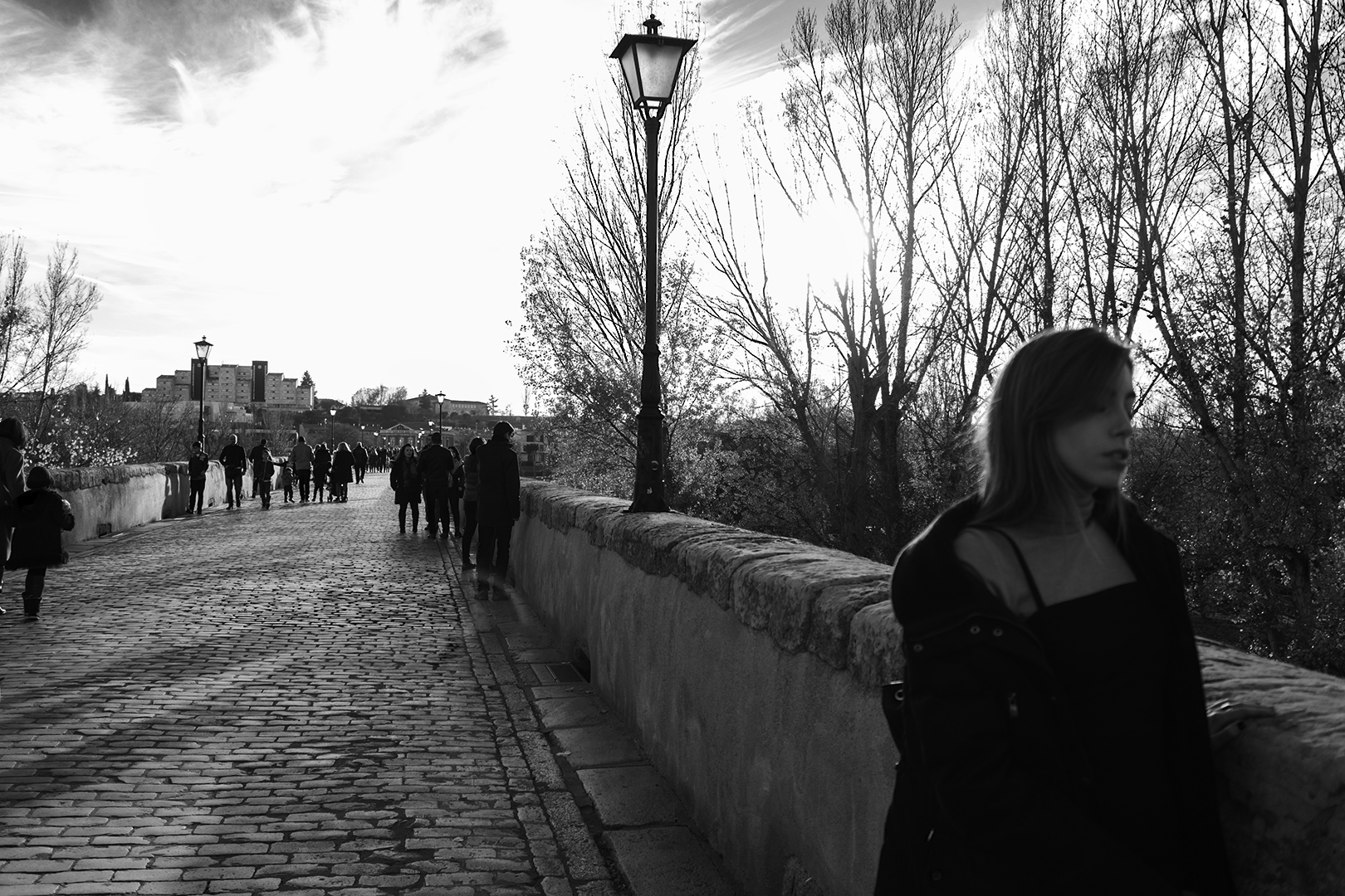 A serene moment on the Roman Bridge of Salamanca, Spain, during sunset. The cobblestone pathway is lined with people walking and enjoying the scenic view. The silhouette of a person in the foreground adds depth to the image, while the bare trees and historic buildings in the background create a timeless atmosphere. (c) pmartinasi