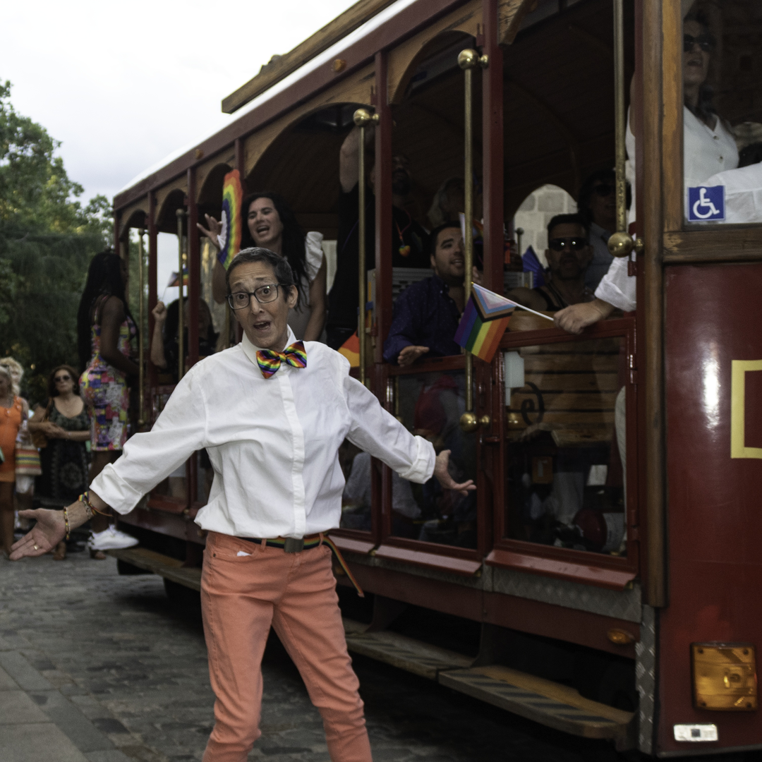  Colourful parade float with people celebrating Pride Day in Ávila, Spain, during the annual LGBTQ+ festival (2025) (c) pmartinasi