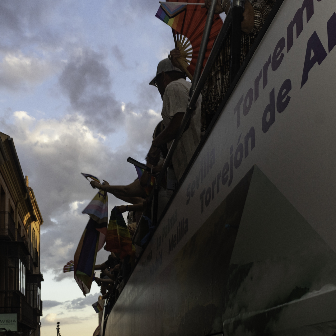  Colourful parade float with people celebrating Pride Day in Ávila, Spain, during the annual LGBTQ+ festival (2025) (c) pmartinasi