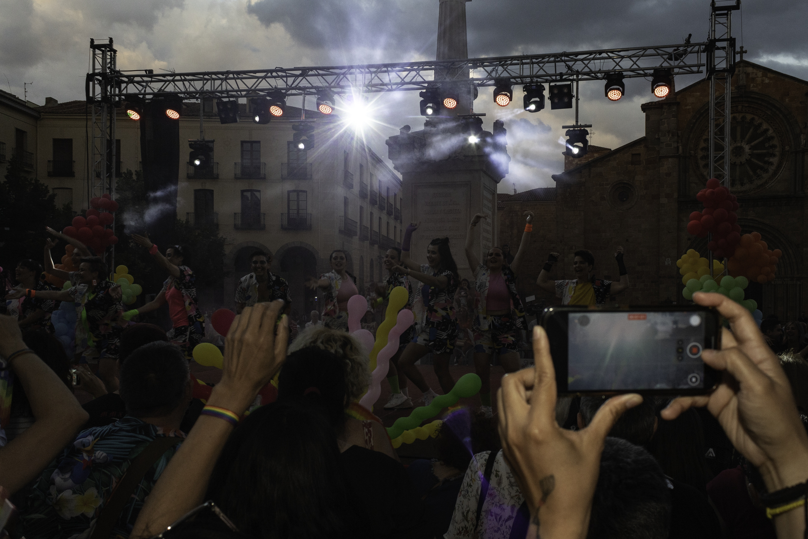  Performers on stage under stormy sky at ArcoÁvila Awards Gala 2025 during Pride celebrations in Ávila, Spain. (c) pmartinasi