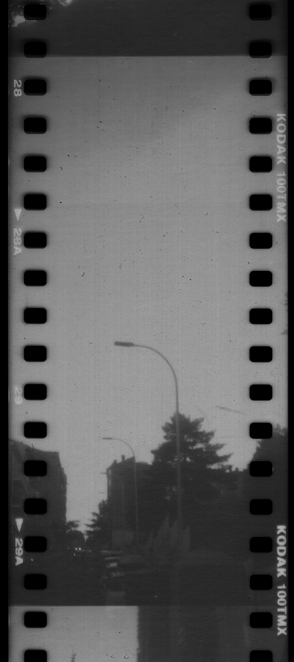  Analog black and white street photography of an urban scene in Avila, captured on Kodak 100TMX film reel. Featuring street lamps and buildings, this vintage film aesthetic evokes nostalgia and timeless urban imagery (c) pmartinasi