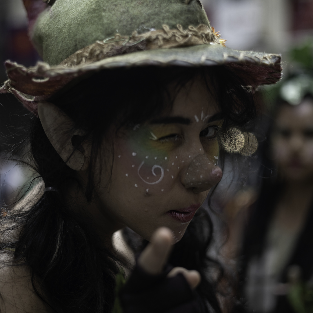  A whimsical forest elf character captured at the Medieval Fair and Market of Ávila, Spain. The cosplayer wears a nature-inspired costume with a wide-brimmed hat, pointed ears, and elaborate face paint, evoking a magical woodland spirit. Medieval Market and Fair in Ávila. September 2025. (c) pmartinasi