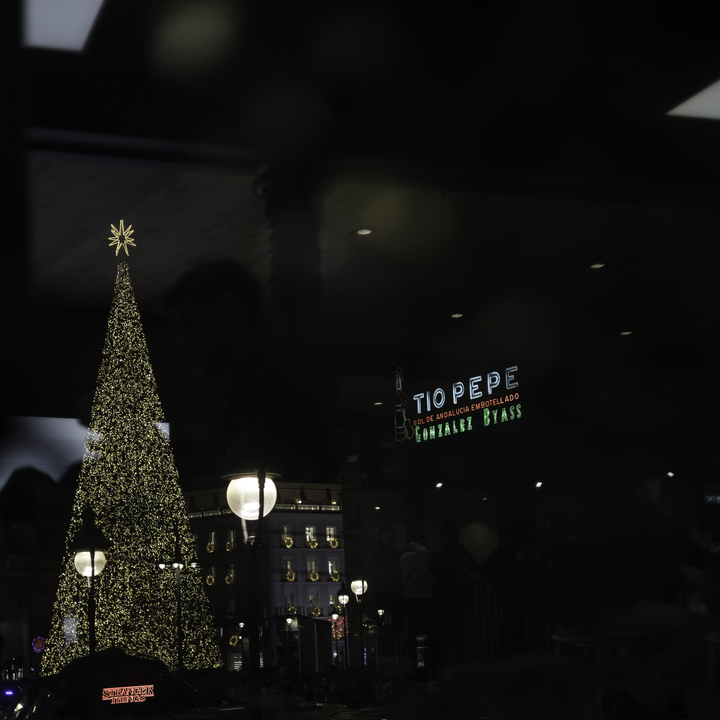 Puerta del Sol square, at Madrid, Spain, decorated for Christmas. December 2025. (c) pmartinasi