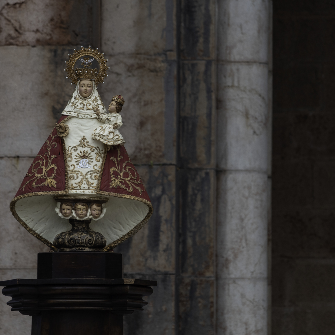  La Santina of Covadonga in Front of the Basilica During JEMJ 2024, Symbol of Faith and Devotion in Asturias, Spain. (c) pmartinasi