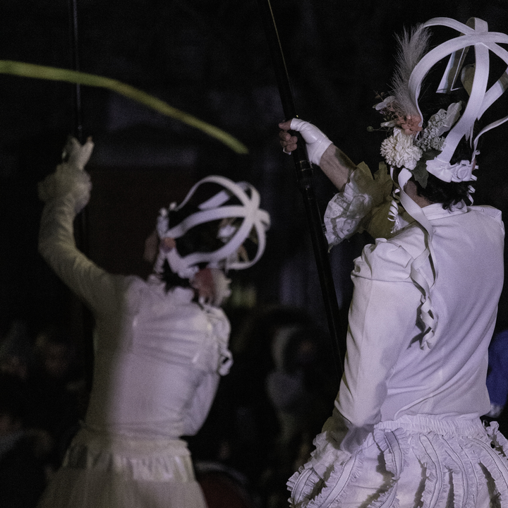  Night scene of performers dressed in white costumes during the Three Wise Men Parade 2026 in Ávila, Spain, as they move through the streets before a gathered crowd, highlighting the festive, artistic and cultural spirit of Epiphany. January 2026. (c) pmartinasi
