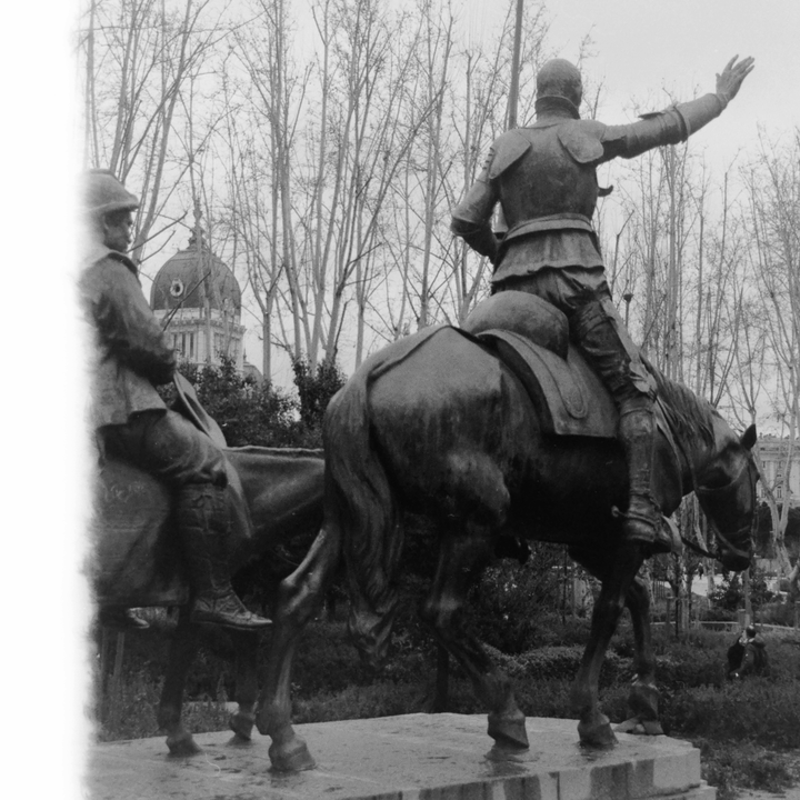 Monumental Don Quixote and Sancho Panza Statue at Plaza de España in Madrid Captured in Black and White (c) pmartinasi